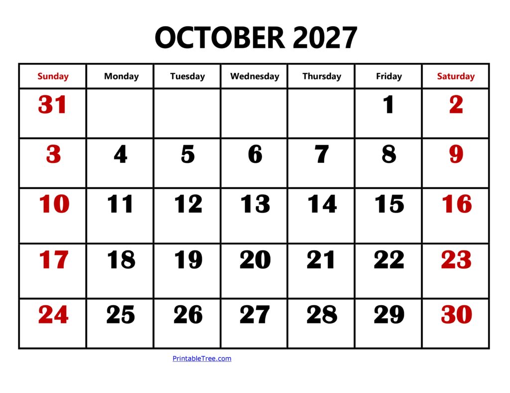 October 2027 Calendar Large Number
