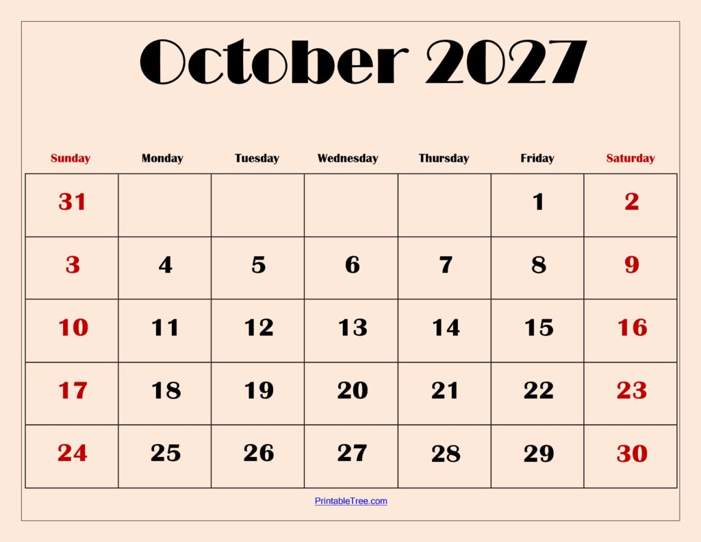 October 2027 Calendar with Light Pink