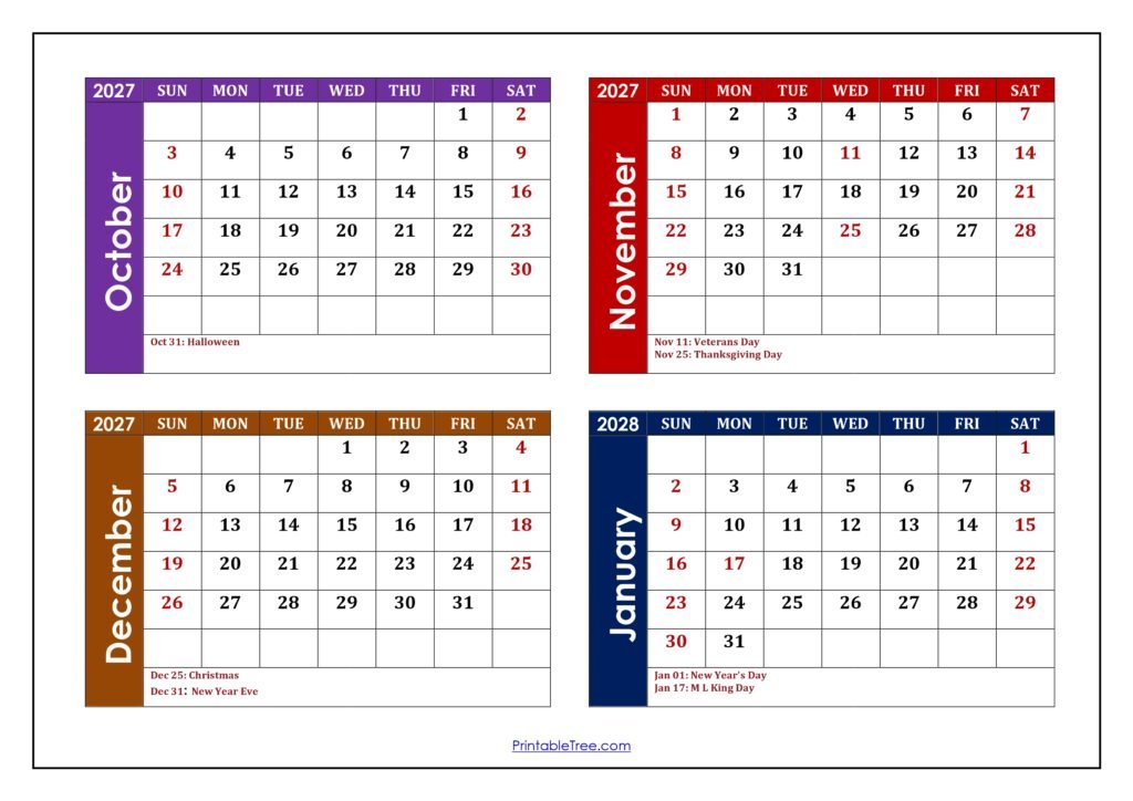 October 2027 to January 2028 Calendar with Holidays