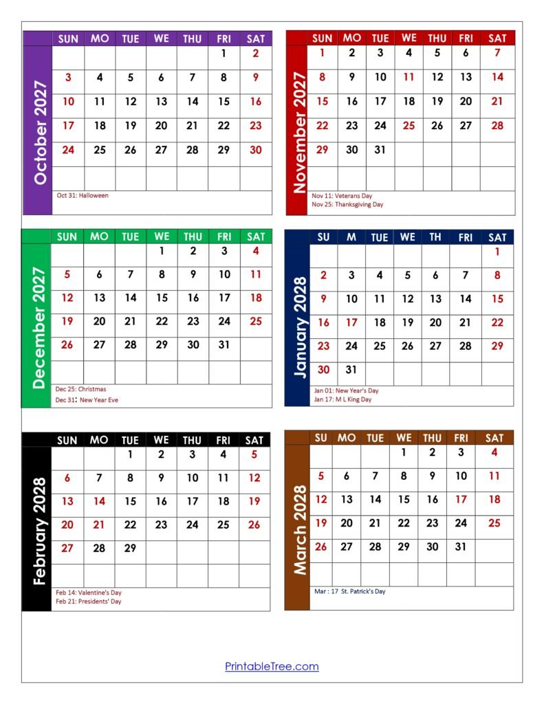 October 2027 to March 2028 Calendar with Holidays