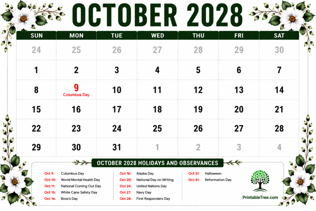 October 2028 Calendar with Holidays