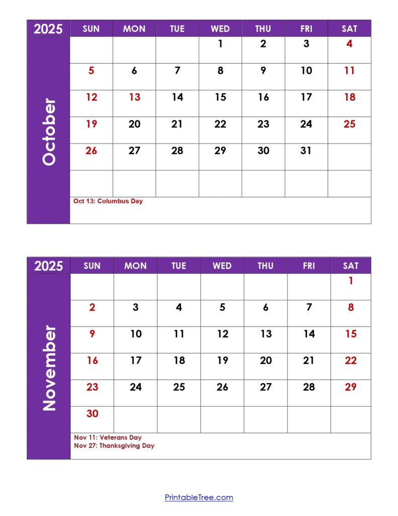 October and November 2025 Calendar with Holidays