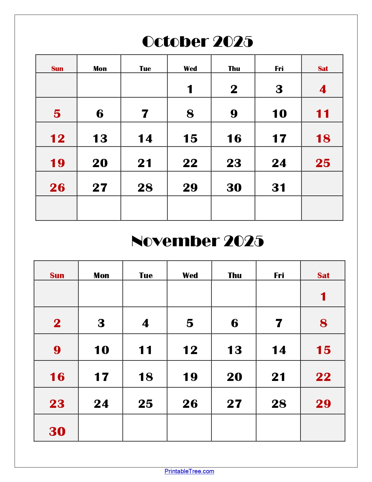 October and November 2025 Calendar Printable PDF | Two Months Calendar