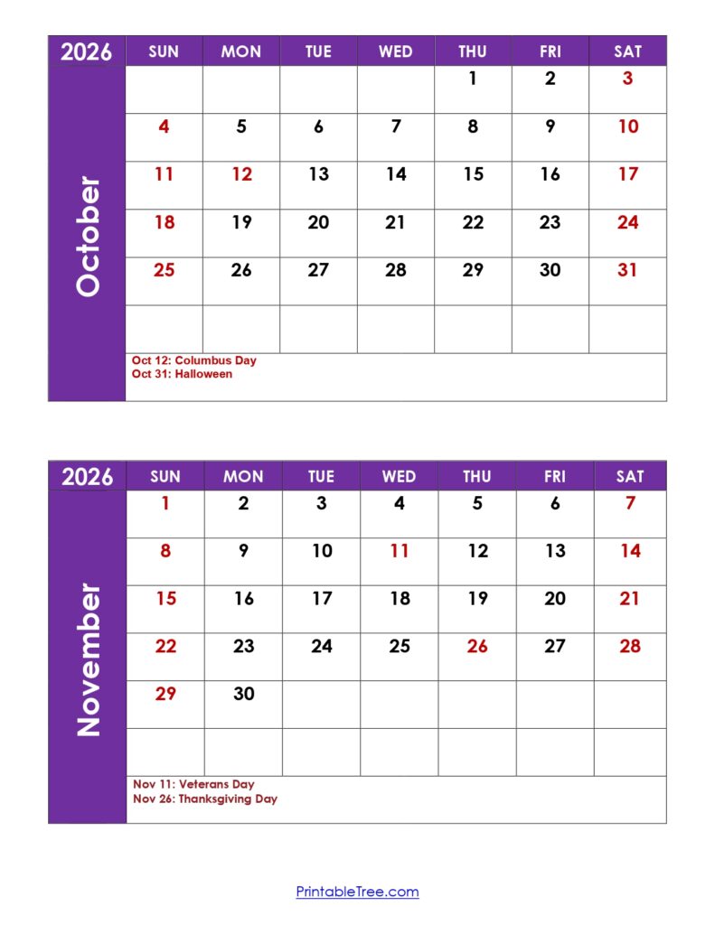 October and November 2026 Calendar with Holidays