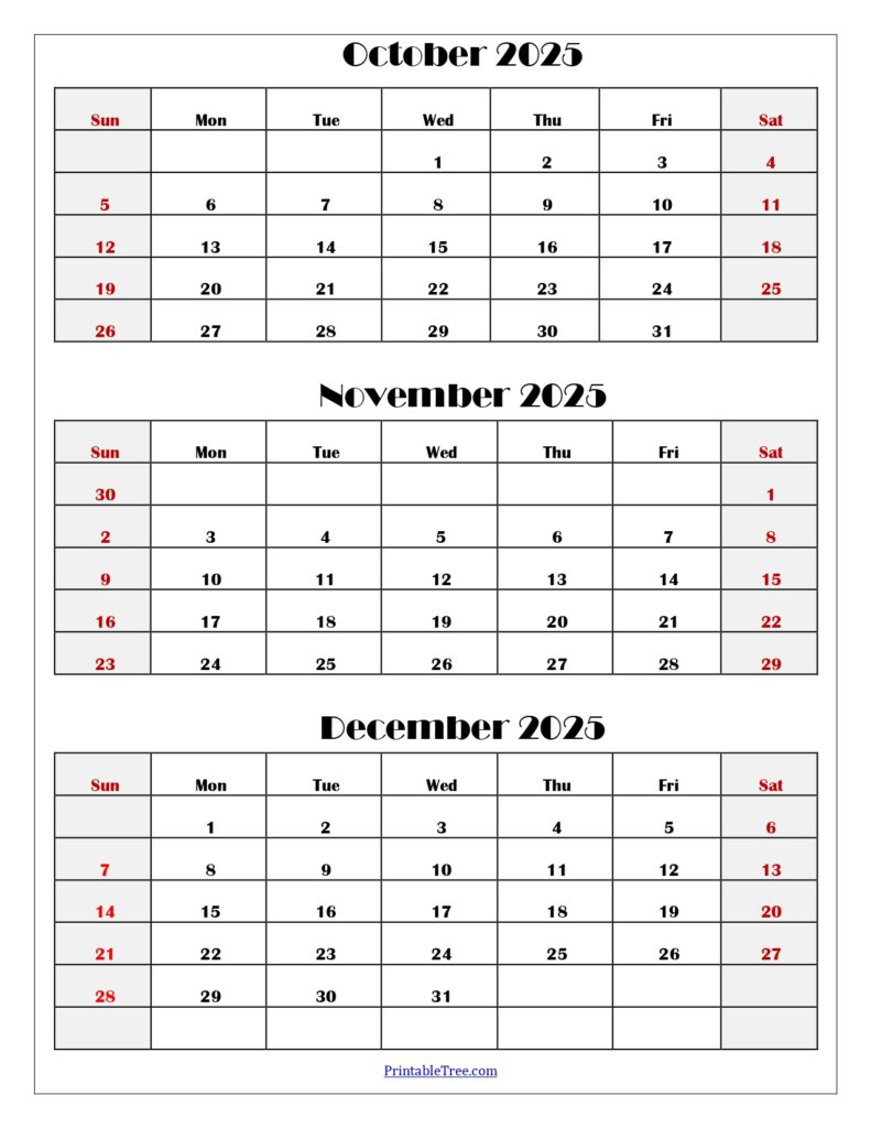 October to December 2025 Calendar