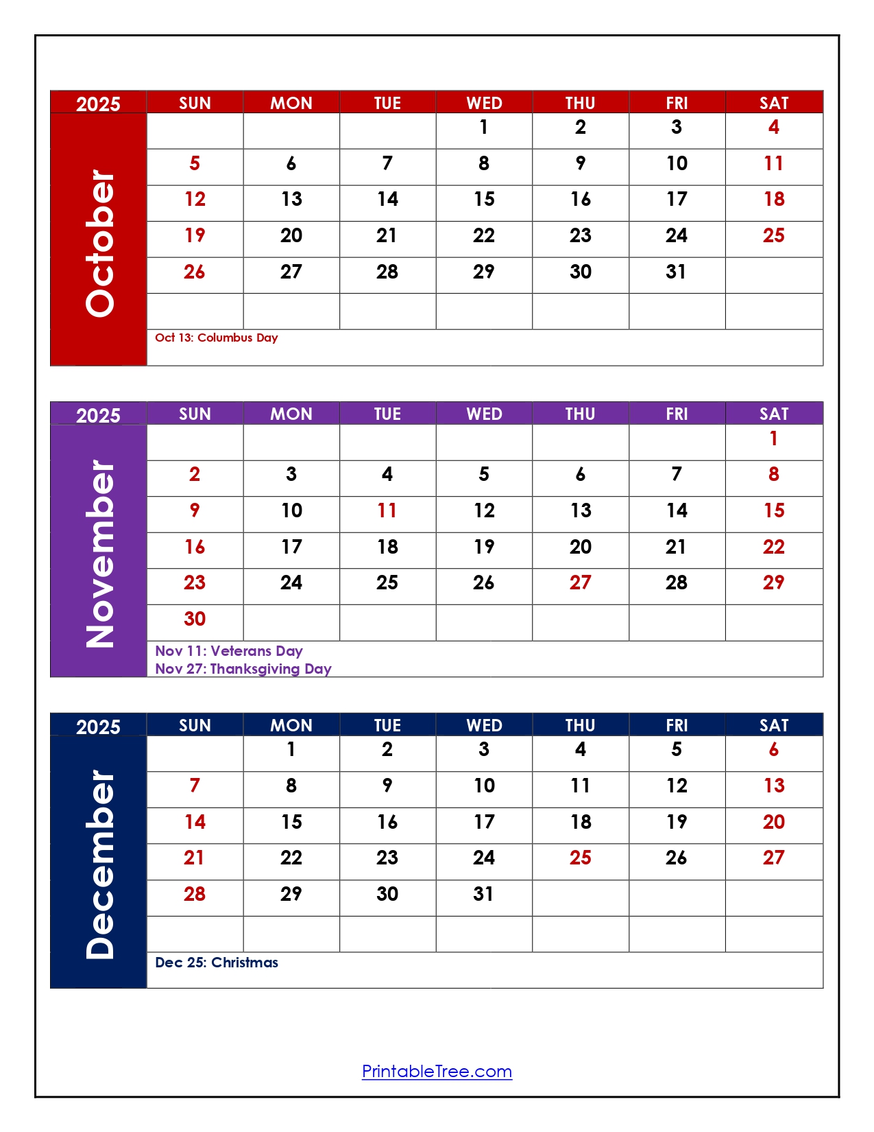 October to December 2025 Calendar Printable PDF | Three Months Calendar