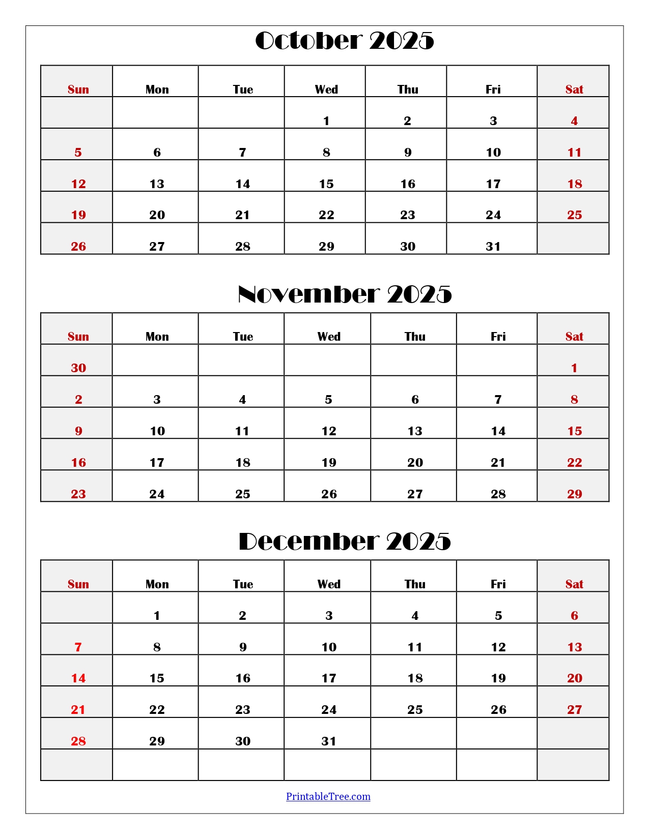 October to December 2025 Calendar Printable PDF | Three Months Calendar