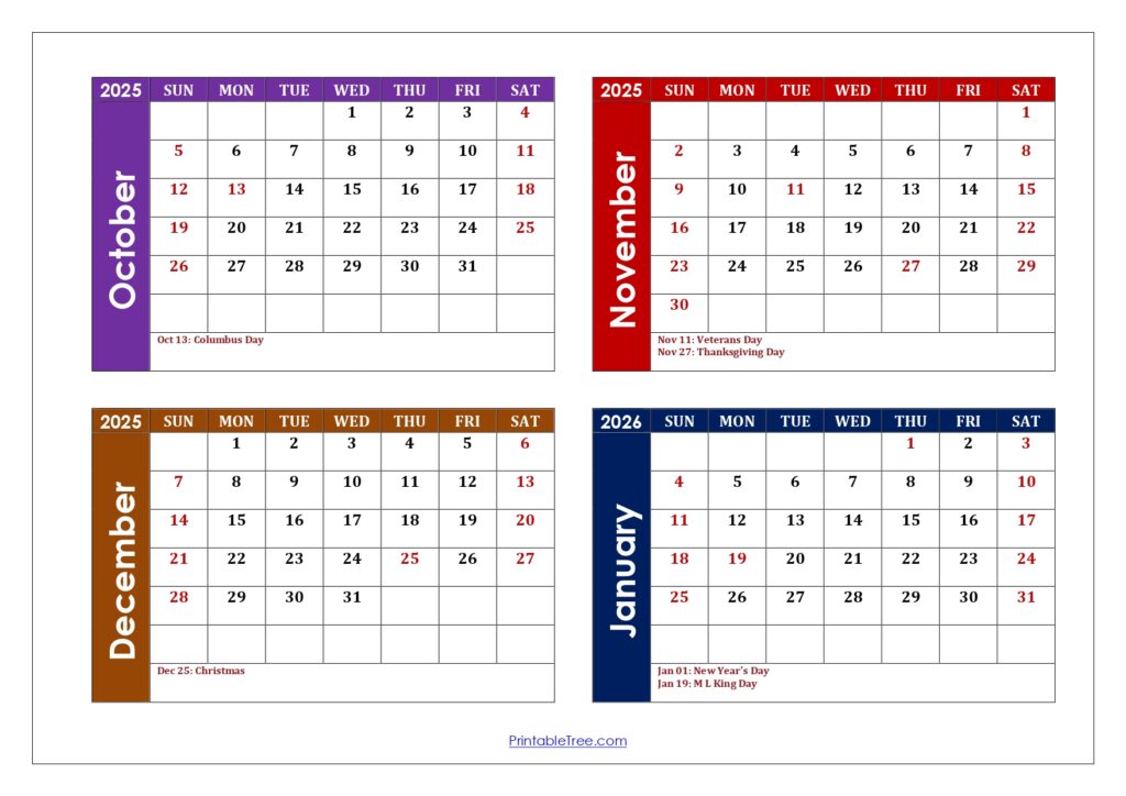 October to January 2026 Calendar with Holidays