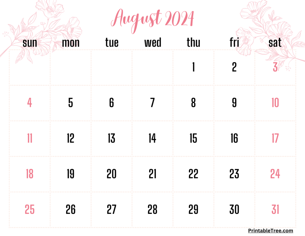 Pink Floral August 2024 Calendar Template