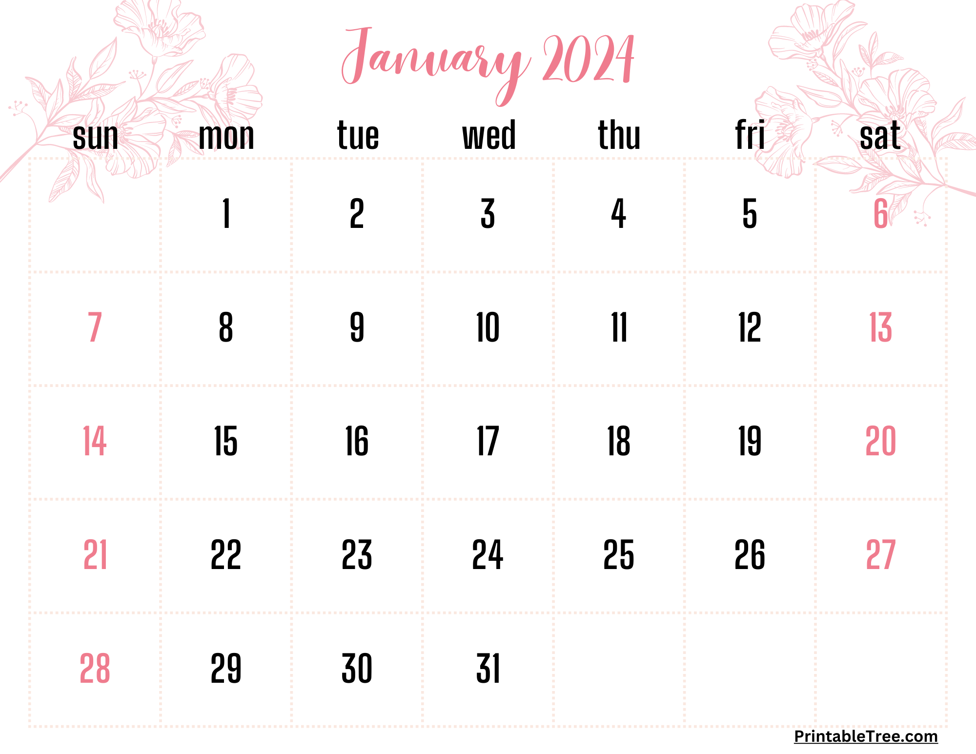 January 2024 Calendar Printable PDF Template with Holidays