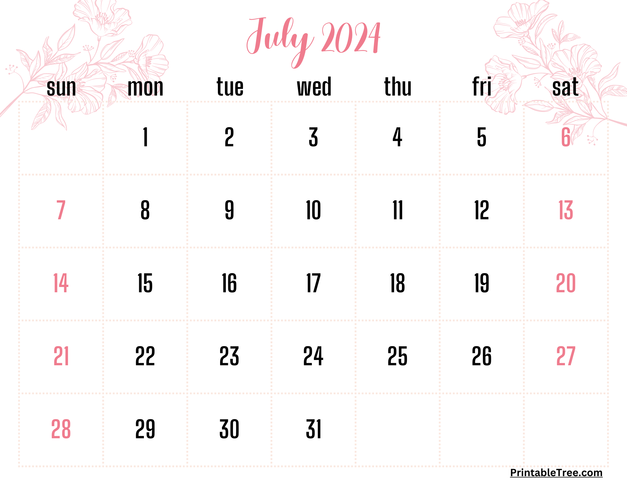 July 2024 Calendar Printable PDF with Holidays Free Template