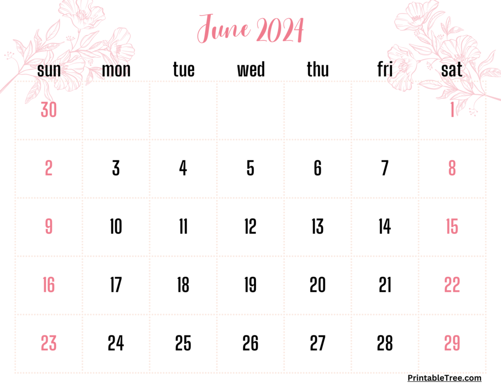 Pink Floral June 2024 Calendar Template