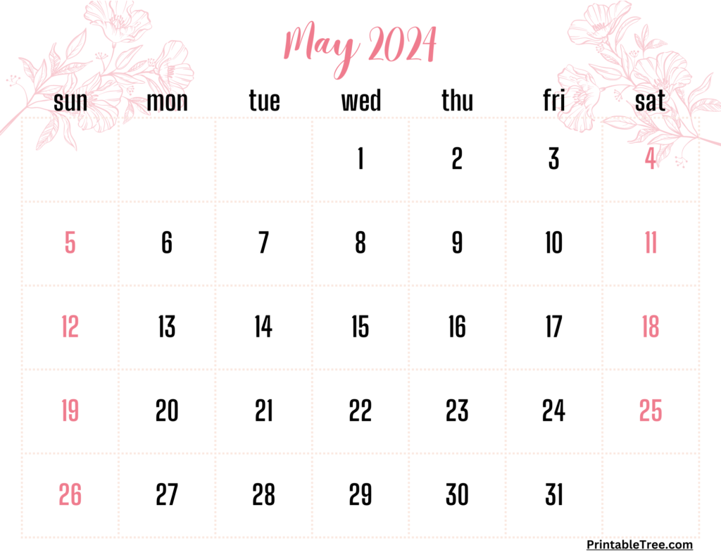 Pink Floral May 2024 Calendar Template