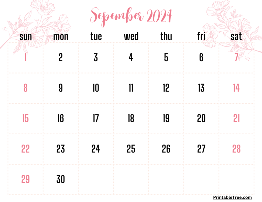 Pink Floral September 2024 Calendar Template