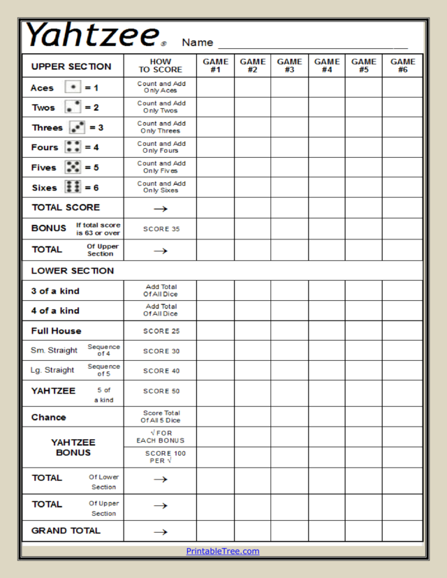 Free Printable Yahtzee Score Card Sheets PDF Templates