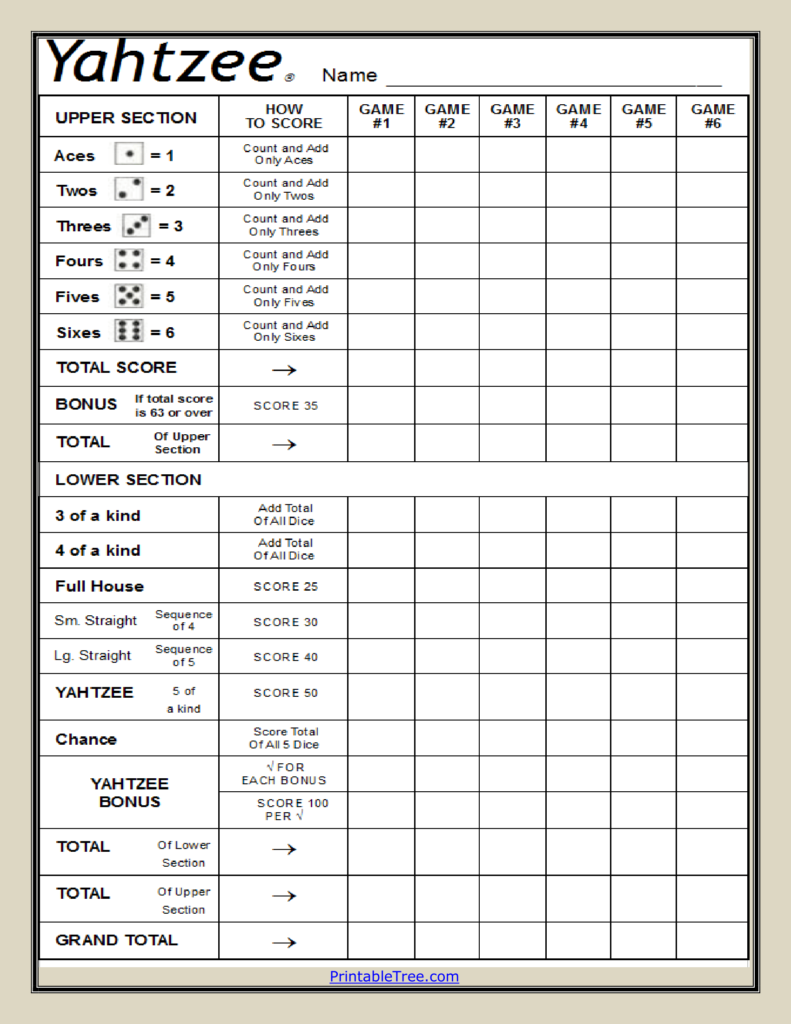 Yahtzee Game Cards Printable Yahtzee Game Cards Printable