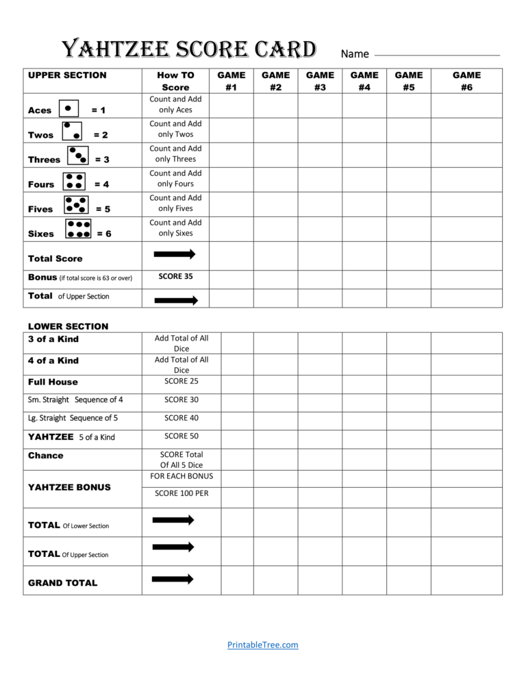 Free Printable Yahtzee Score Card Sheets PDF Templates