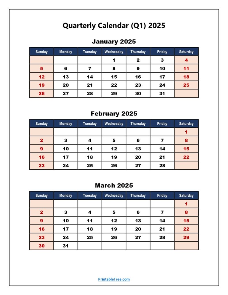 Q1 2025 Quarterly Calendar Printable Blue