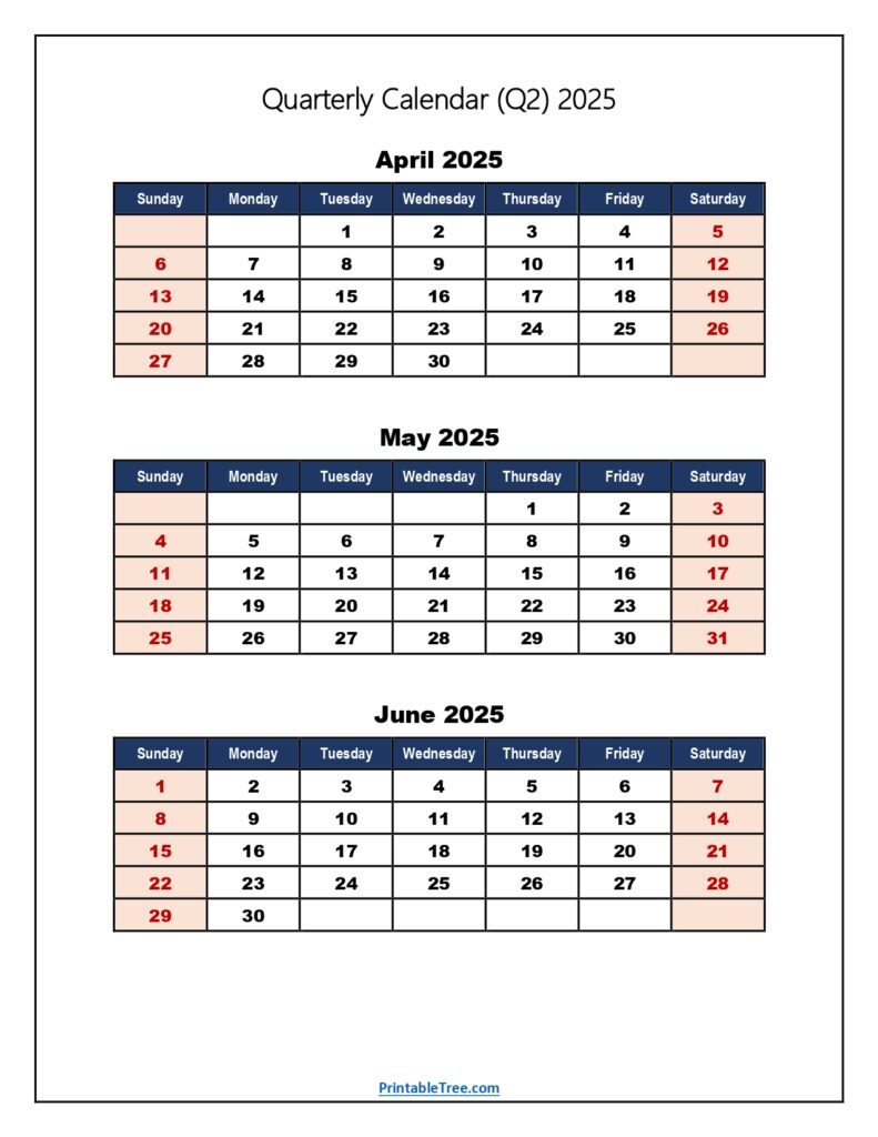 Q2 2025 Quarterly Calendar Printable Blue