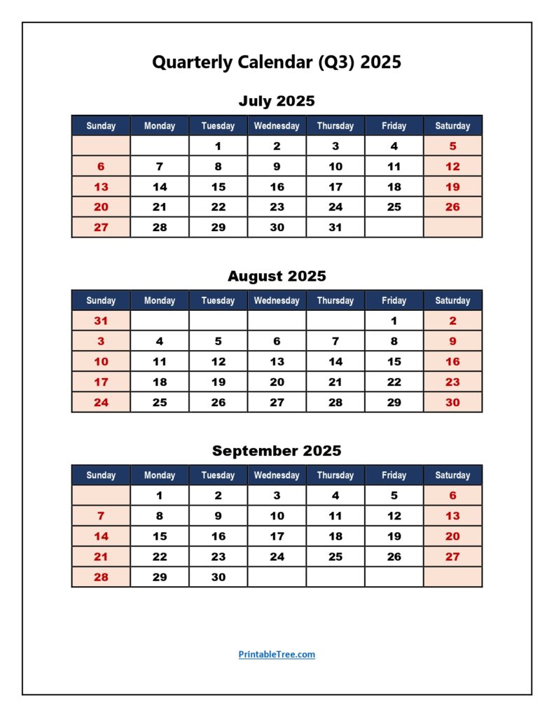 Q3 2025 Quarterly Calendar Printable Blue