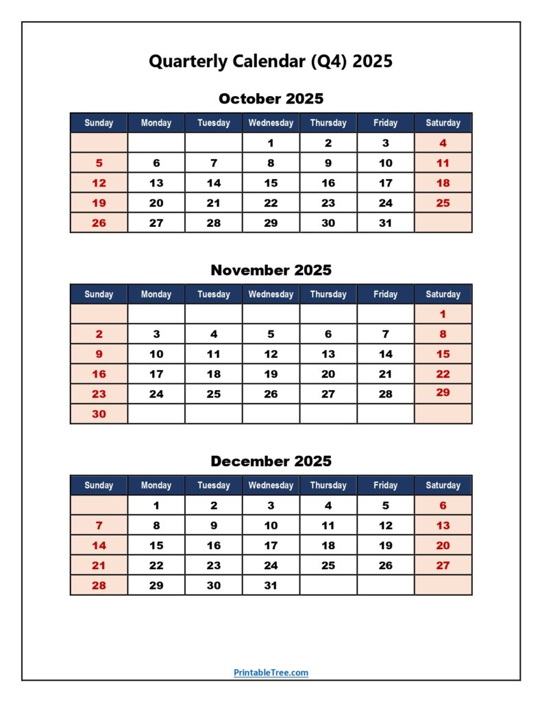 Q4 2025 Quarterly Calendar Printable Blue