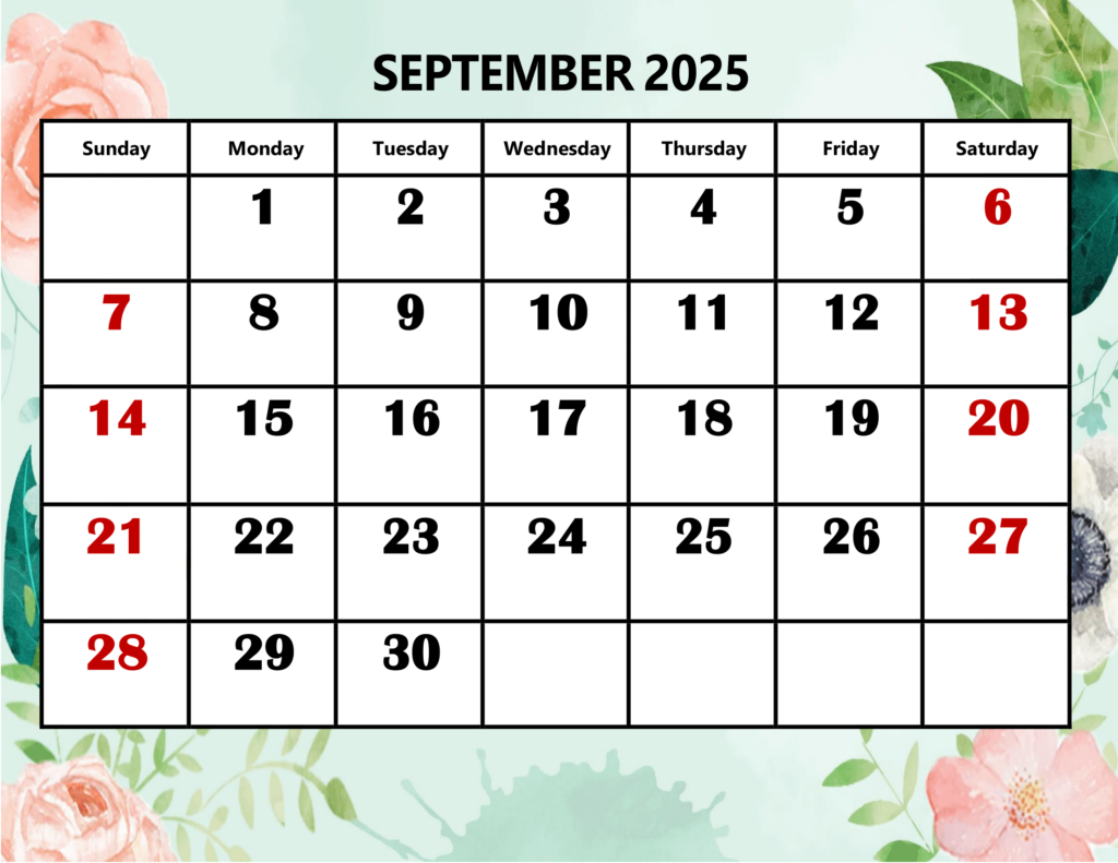 September 2025 Rose and Leaf Background Calendar