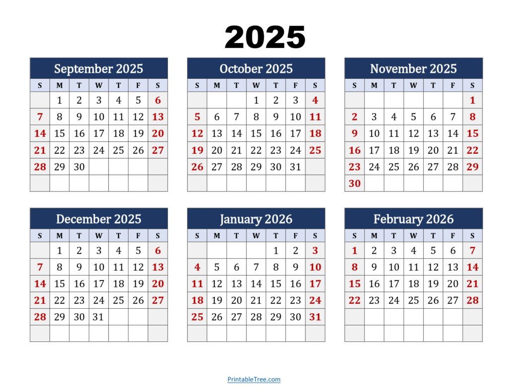 September 2025 to February 2026 Calendar