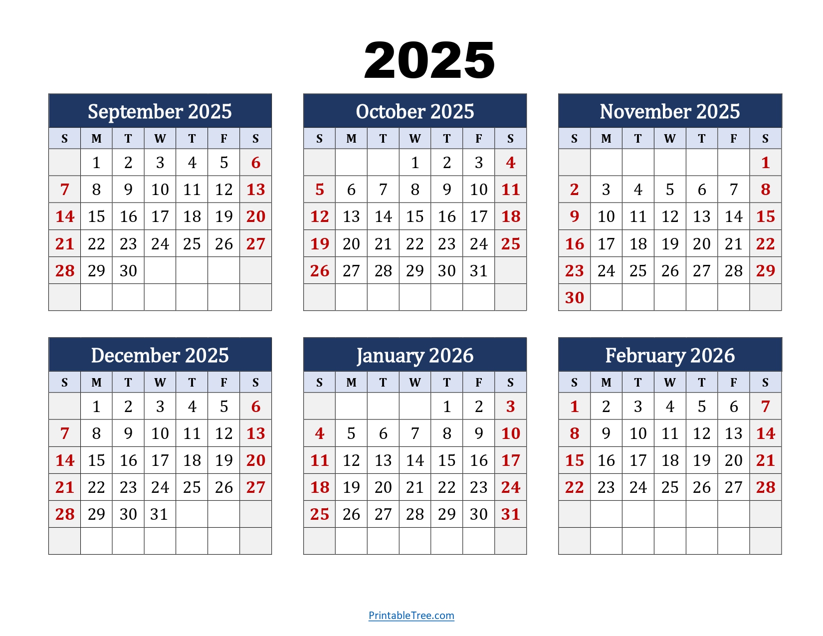 September to February 2026 Calendar Printable PDF | Six Months Calendar