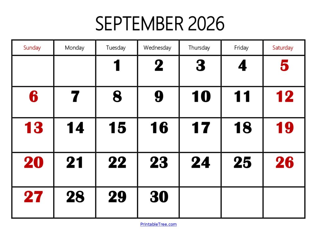 September 2026 Calendar Large Number