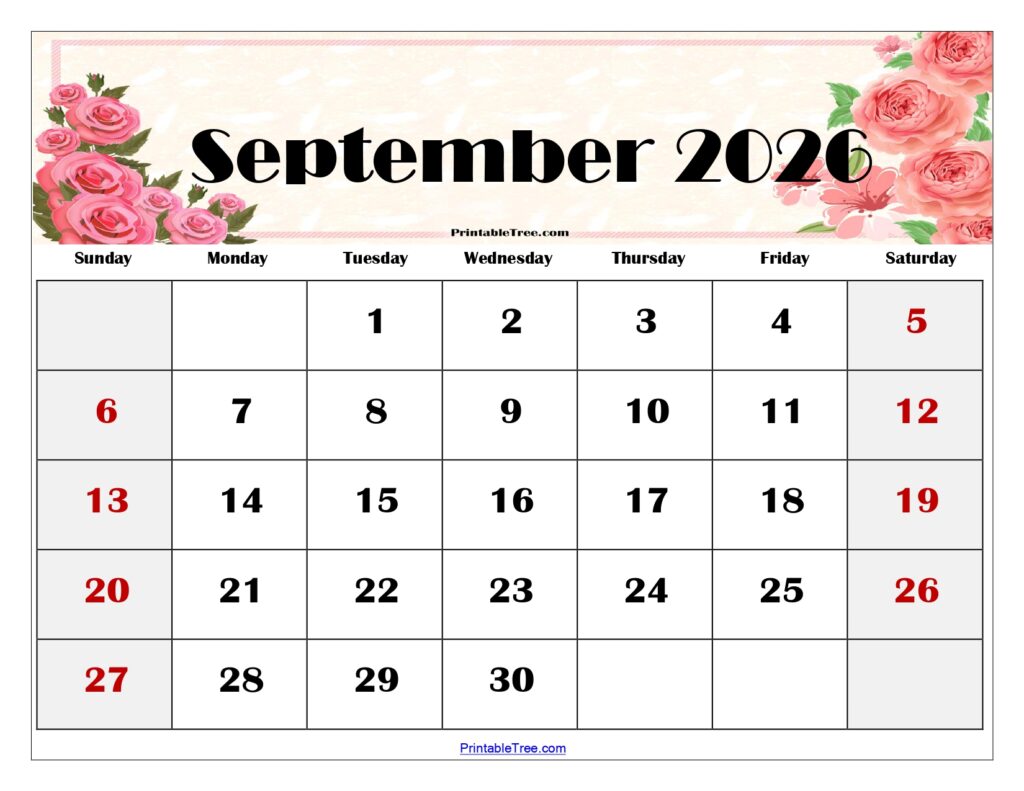 September 2026 Floral Calendar Printable