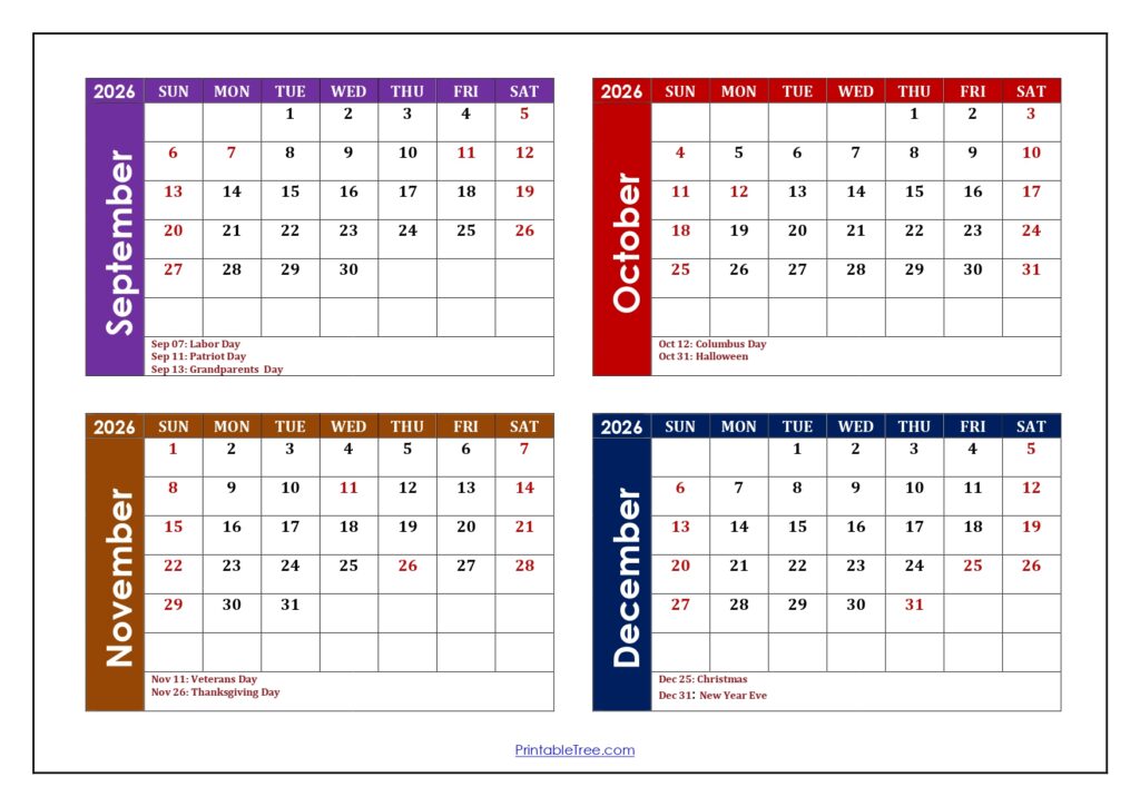 September 2026 to December 2026 Calendar with Holidays