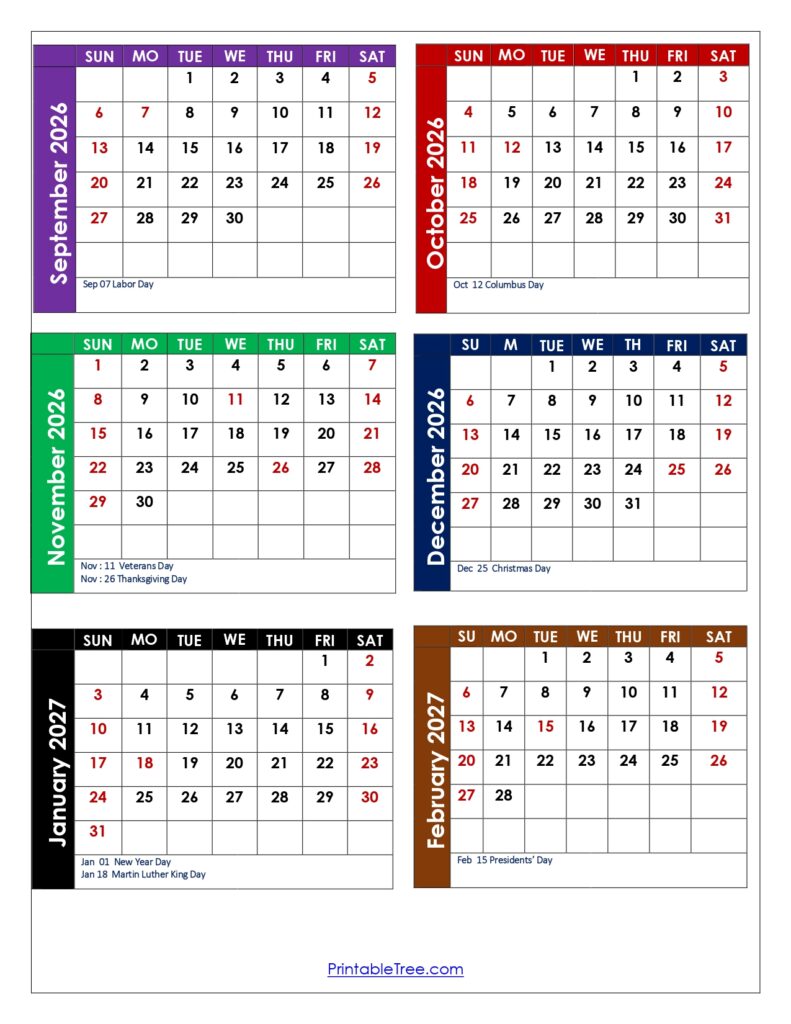 September 2026 to February 2027 Calendar with Holidays