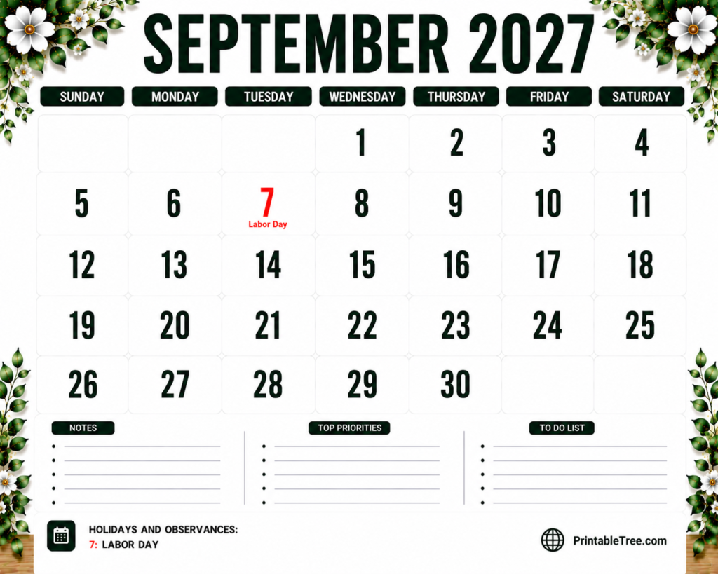 September 2027 Calendar Floral Style