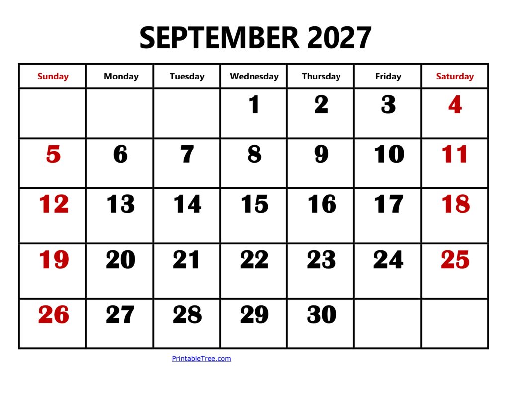 September 2027 Calendar Large Number
