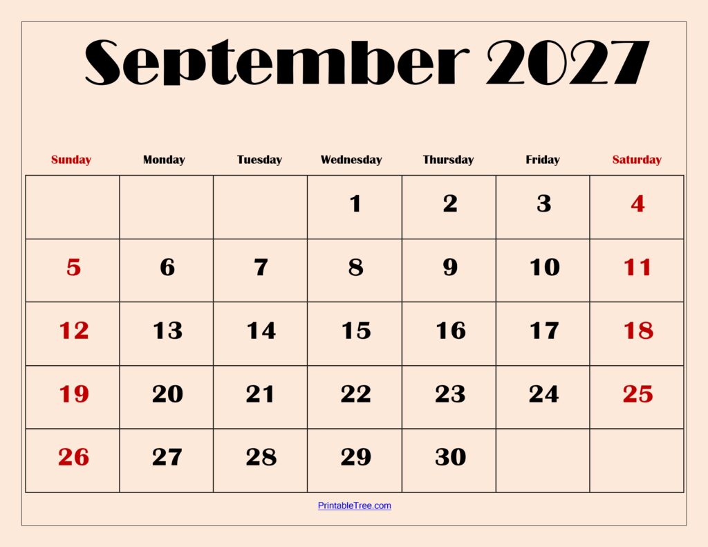September 2027 Calendar with Light Pink