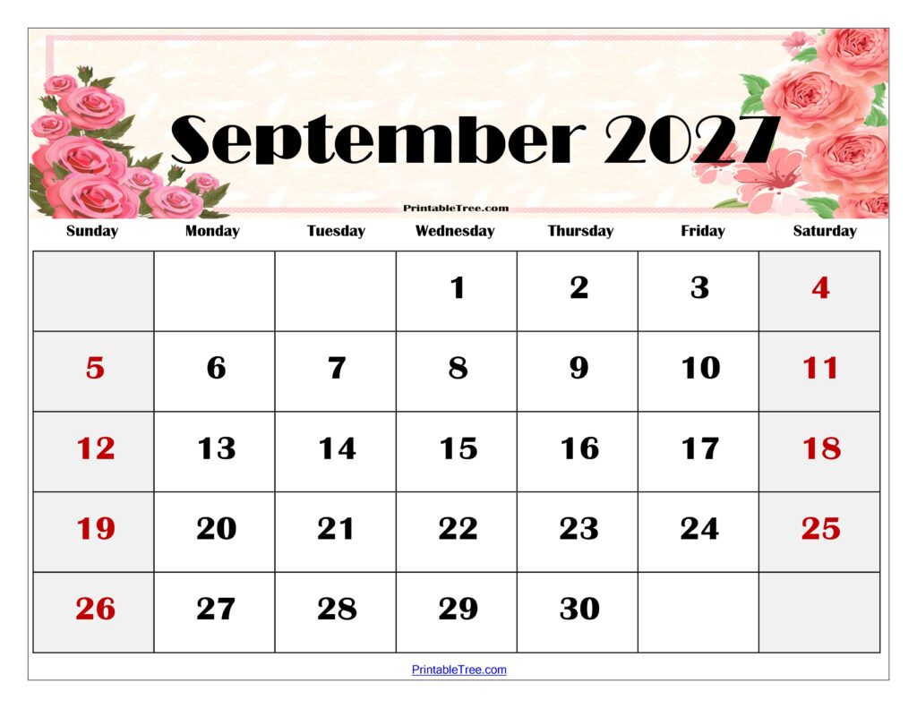 September 2027 Floral Calendar Printable