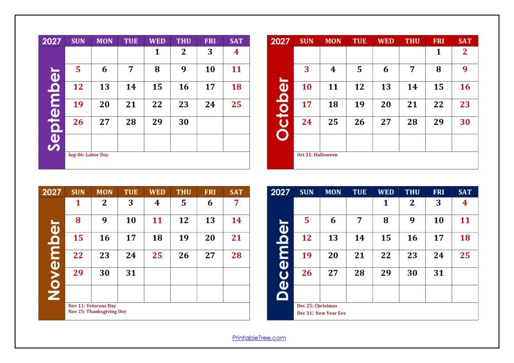 September 2027 to December 2027 Calendar with Holidays