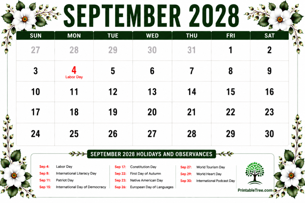 September 2028 Calendar with Holidays