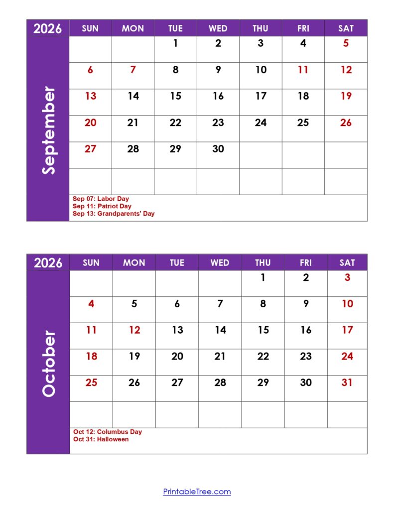 September and October 2026 Calendar with Holidays