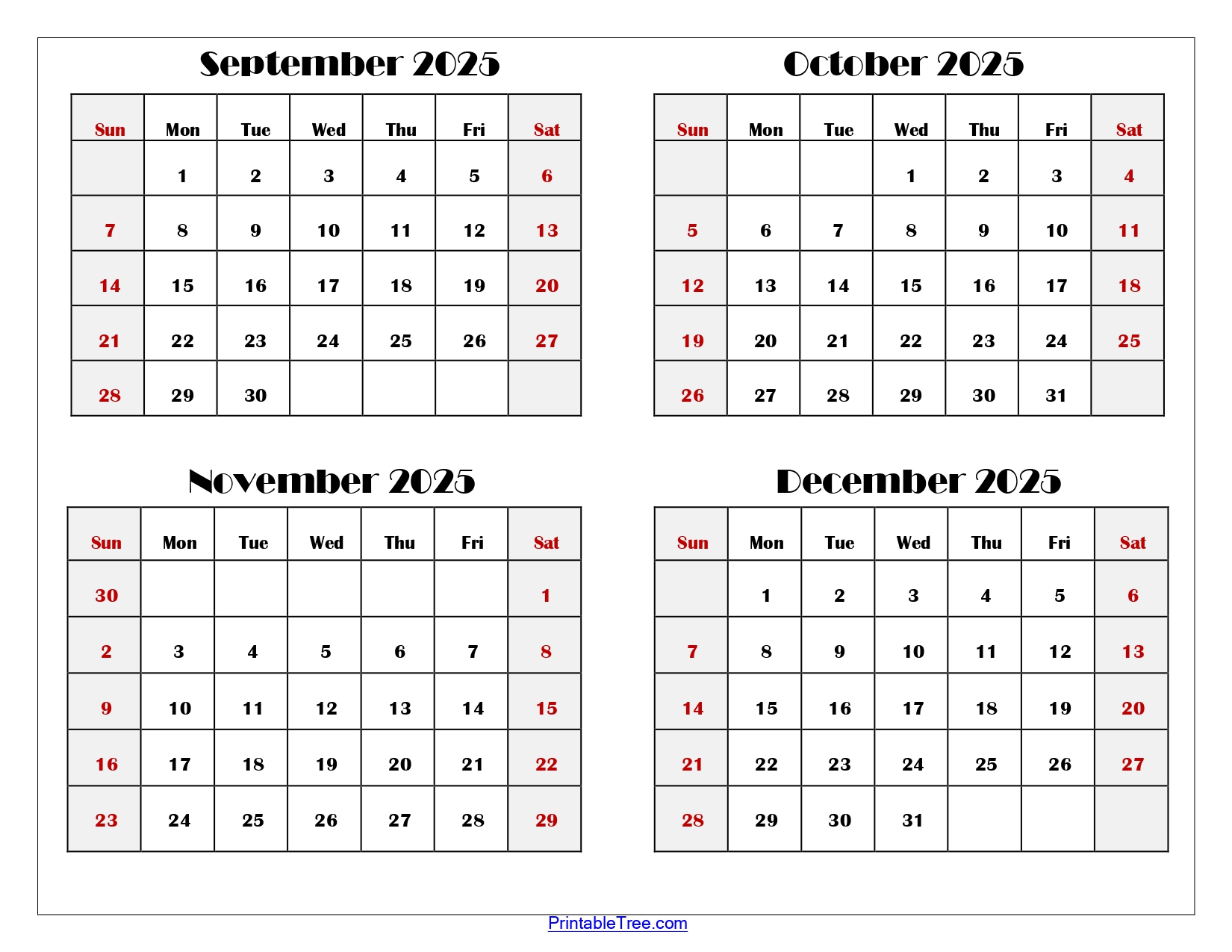 September to December 2025 Calendar Printable PDF | Four Months Calendar