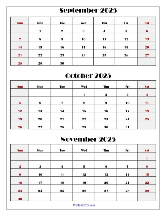 Three Months Calendar Printable PDF 2025- 2026