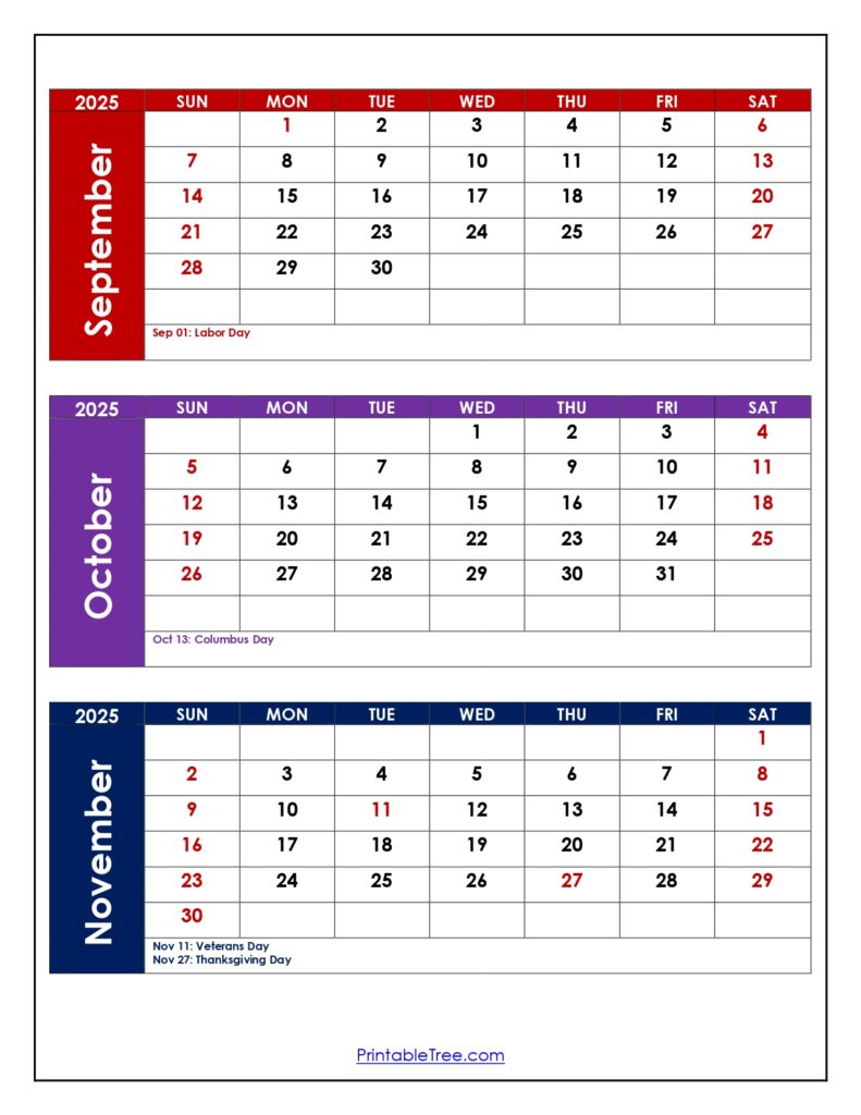 September to November 2025 Calendar with Holidays