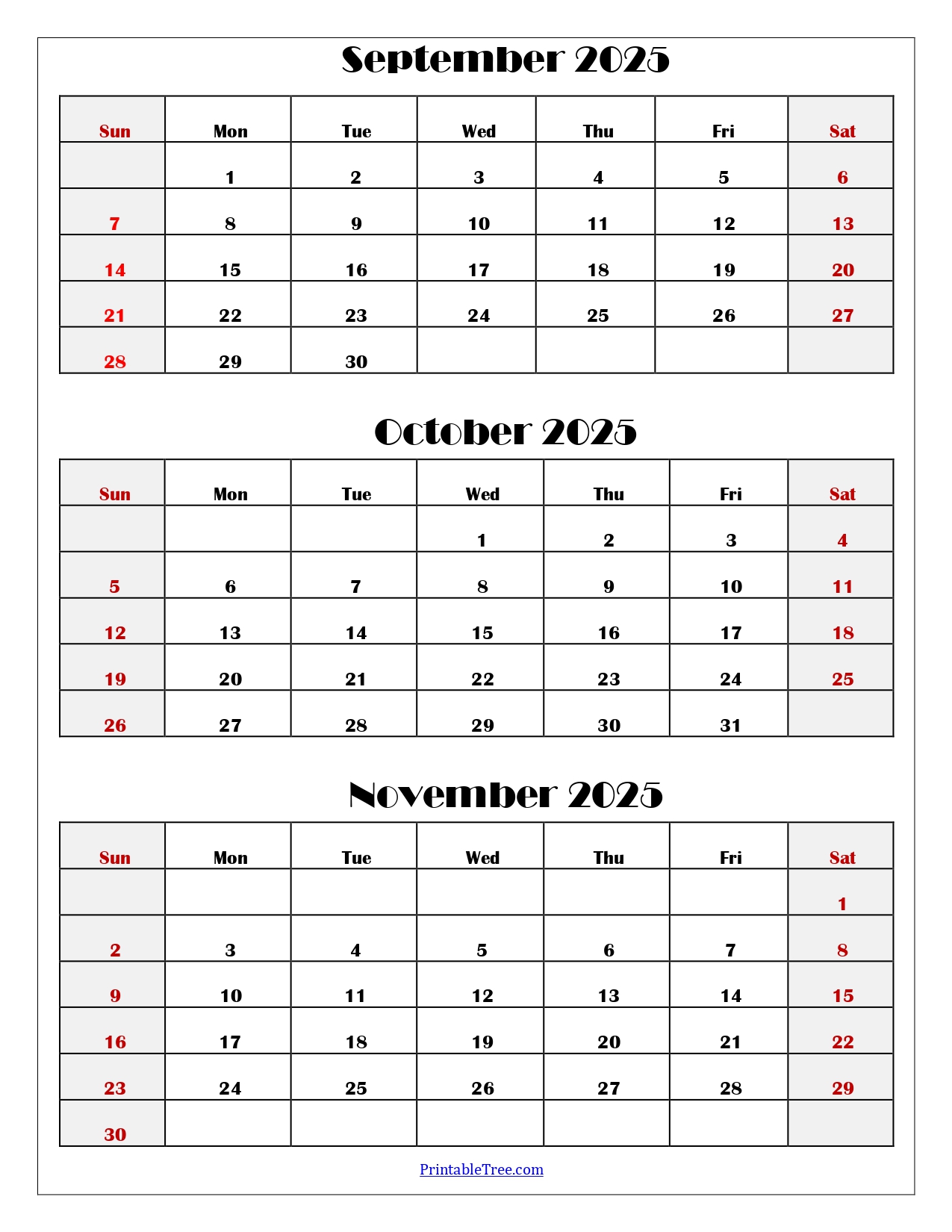 September to November 2025 Calendar Printable PDF | Three Months Calendar