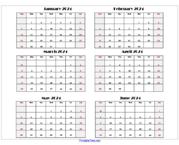 Six Months Calendar- January 2024 to June 2024 Per Page