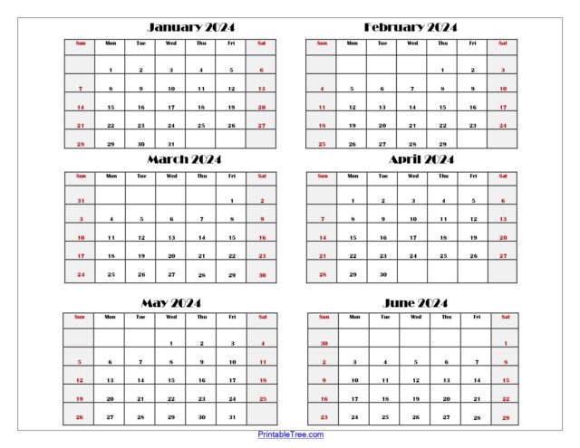 Six Month Calendar 2024 Printable Pdf- 6 Months Calendar Per Page