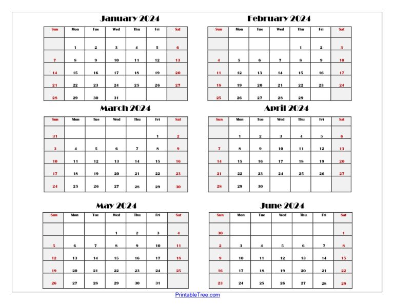 Six Month Calendar 2024 Printable PDF- 6 Months Calendar Per Page