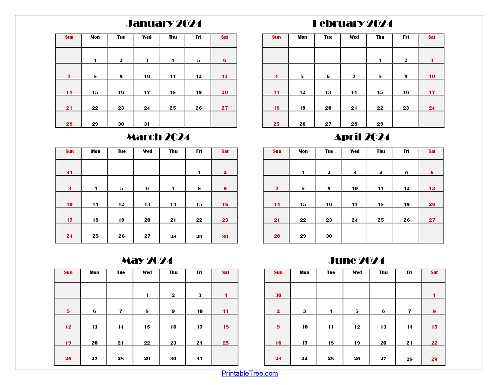 Six Month Calendar 2024 Printable PDF 6 Months Calendar Per Page