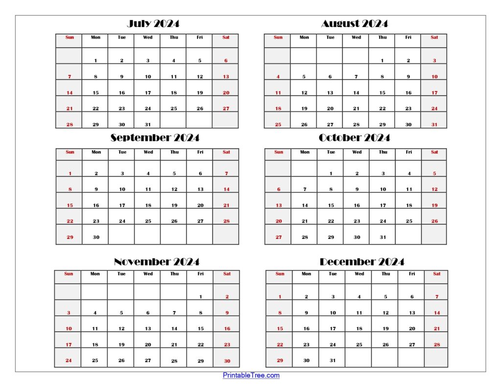 Six Months Calendar- July 2024 to December 2024 Per Page
