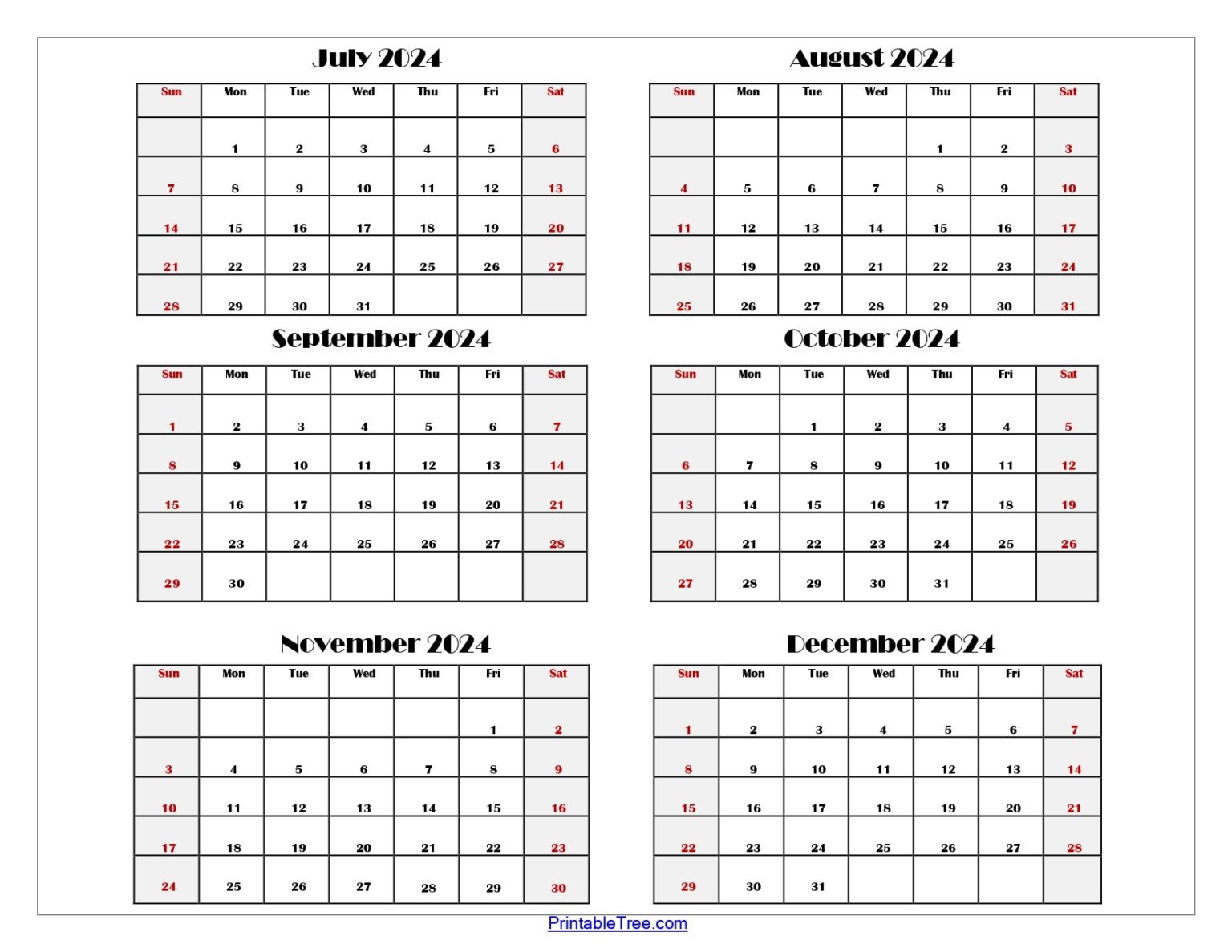 Six Month Calendar 2024 Printable PDF 6 Months Calendar Per Page