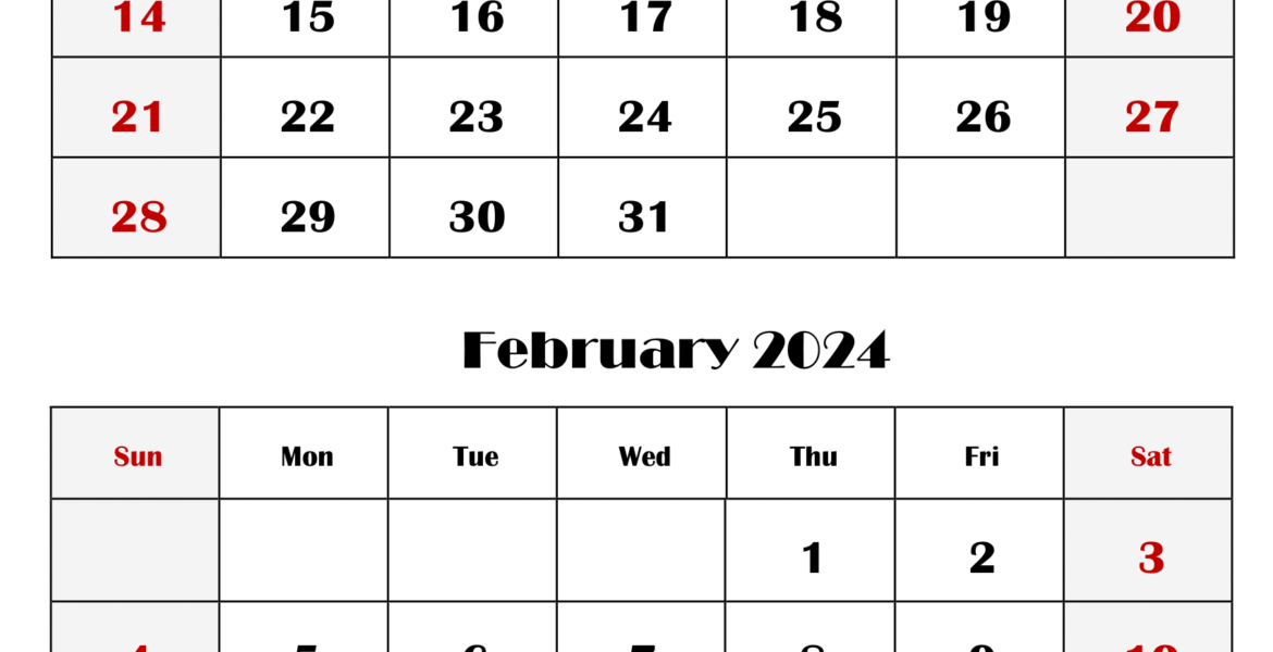 Two Months Calendar- January to February 2024